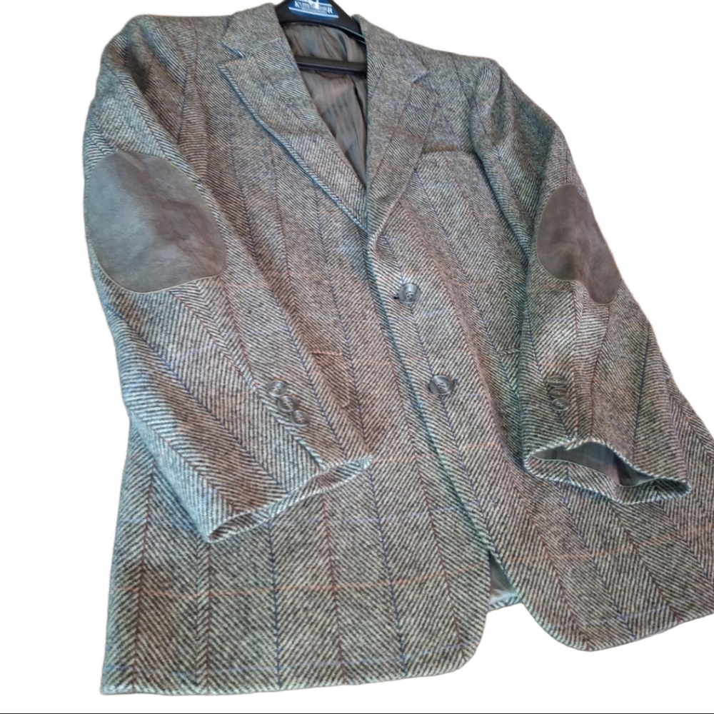 Gentry Suit Coat Gray Herringbone with Elbow Patches Mens 40 R